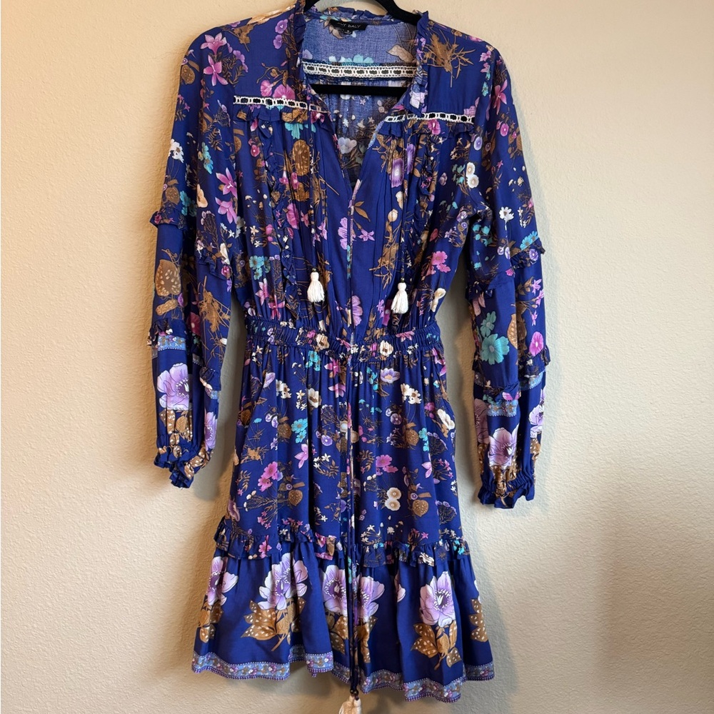 Aly Daly floral long sleeve mini dress with tassels